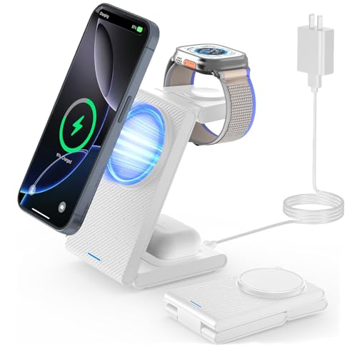 Image of Wireless Charger Magnetic for Apple Devices - JoyGeek 3 in 1 Foldable Charging Station for Magsafe Compatible with iPhone 16 15 14 13 12 Pro Max Plus, Apple Watch 10 9 8 7 6 5 4 SE, AirPods 4 /3 /2 /Pro