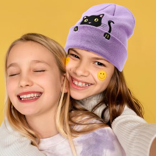 Girls Cute Cat Embroidered Beanie Hat and Socks Set, Kids Knitted Beanies Skull Cap for Christmas Gift Cat-Lovers Gift3