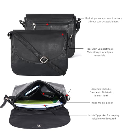 Image of Genuine Leather Shoulder Crossbody Purse For Women with Adjustable Strap, Mobile Pocket & Outside & Inside Zipper