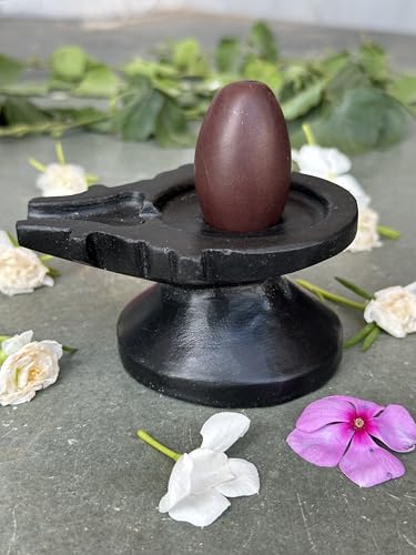 Image of Shivam VASTU AKAL 1.5 inch Original Narmadeshwar Narmada Shivling with 3 inch Narmada Stone Yoni Base Jaladhari (Swayambhu Shivling, Black Designer Damru Jaladhari)