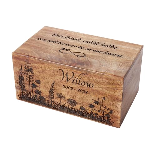 The Maryam Crafts Personalisierte Haustier-Urne für Hundeasche, gravierte Holz-Gedenkbox für Hunde, Katzen, Kleintiere, individueller Name, Datum, Haustierverlust, klein, mittel, groß