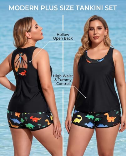 Image of Holipick Women Plus Size Swimsuits - Athletic 3 Piece Tankini with Shorts