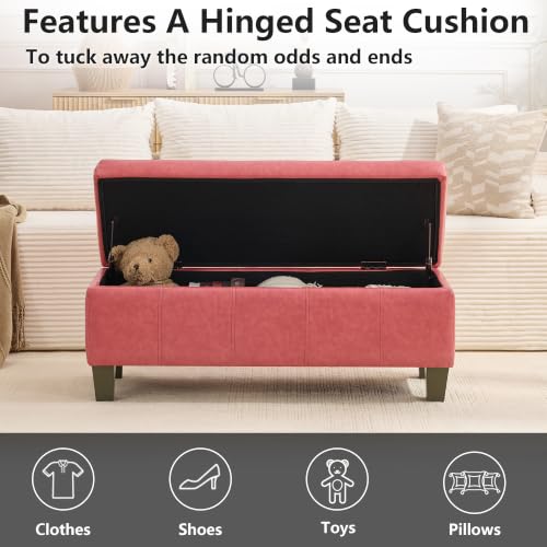 Image of 41 inch Storage Ottoman, Storage Bench with Safety Hinge, Upholstered Synthetic Leather Ottoman Bench for Bedroom, Living Room, Entryway, Hallway, Foot Rest, Support 500lbs