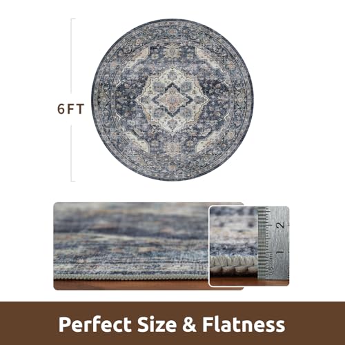 AMOAMI-6FT Round Rug-Rugs for Living Room-Vintage Soft Blue Rugs for Bedroom-Non Slip Circle Rug-Machine Washable Rug for Dining Room Living Room Bedroom Office Under Table