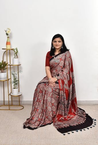 Image of SATIKA VASTRAM Modal Silk Ajrakh Saree Bandhani Design Crepe Printed Designer Pallu Attach Blouse Piece