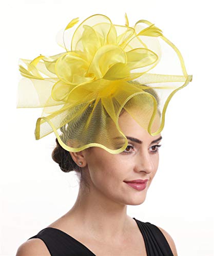 Fascinator Women's Organza Church Kentucky Derby British Bridal Tea Party Wedding Hat Summer Ruffle Hat(Hj2-Yellow) - Thumbnail 3