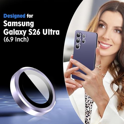 Image of Galaxy S26 Ultra Camera Protector, 9H Tempered Glass Lens Screen Protector with Metal Ring Decoration, Strong Adhesive Camera Lens Cover for Samsung Galaxy S26 Ultra-PURPLE