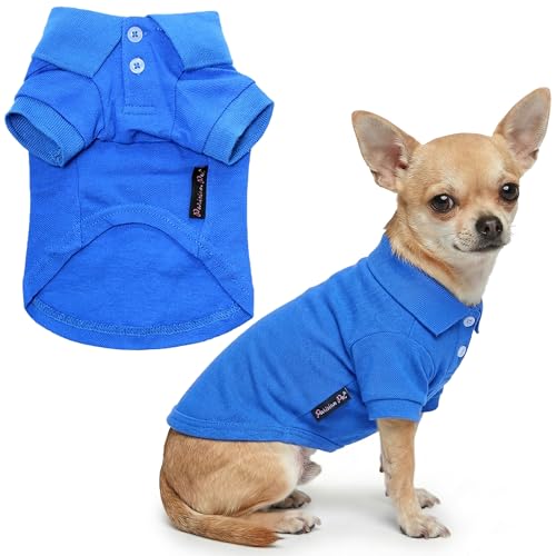 Parisian Pet Dog Polo Shirt &ndash; Classic Blue Cotton Pet Apparel with Collar & Buttons - Soft...