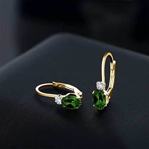 Gem Stone King 14K Yellow Gold Green Chrome Diopside and White Created Sapphire Leverback Earrings For Women | 0.98 Cttw | Gemstone | Oval 6X4MM, Round 2MM | 3/4 Inch3