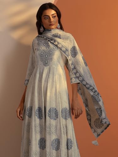 Image of Libas Embroidered Cotton Anarkali Kurta with Trouser and Dupatta