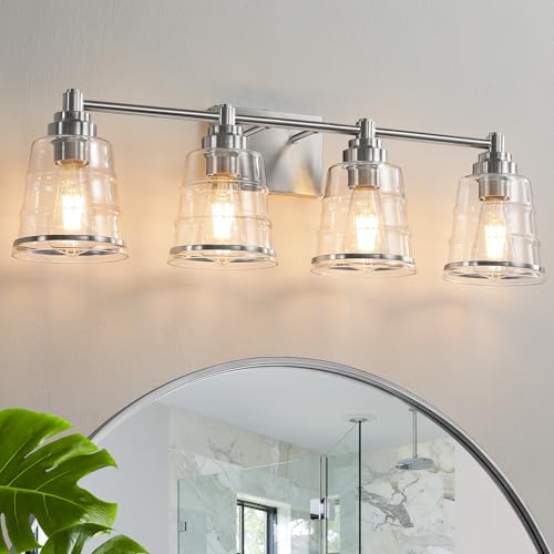 Image of Brushed Nickel Bathroom Vanity Light Fixture, 4 Light Bathroom Light Fixtures Over Mirror with Clear lampshade and Metal Base Sconce,29.1 inch Modern Vanity Light for Bathroom(Exclude E26 Bulb)