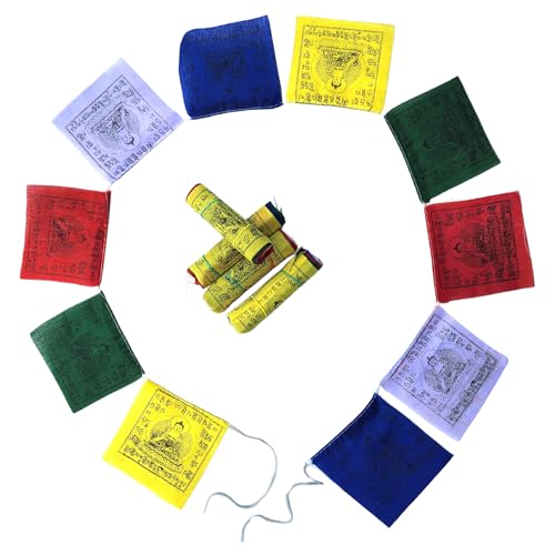 Mini drapeaux de prière tibétains - 5 paquets de mini cordes de drapeaux de prière, 10 drapeaux par corde, coton imprimé à la main, motif bloc...
