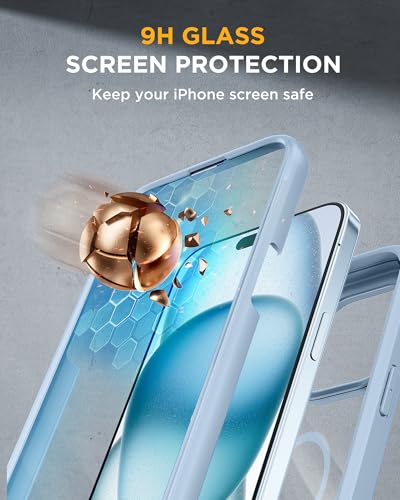 Image of Miracase Glass Series for iPhone 15 Case [Compatible with MagSafe] Full-Body Magnetic Bumper Case with Built-in 9H Tempered Glass Anti-Fingerprint Screen Protector + Camera Lens Protector, Light Blue