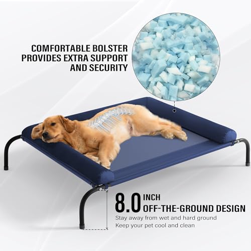 Image of WESTERN HOME WH Elevated Dog Bed Cot, Raised Outdoor Dog Bed with Bolster for Large Dogs, Slightly Chew Proof Portable Cooling Pet Cot with Breathable Mesh, Skid-Resistant Feet, Blue, 48 inches