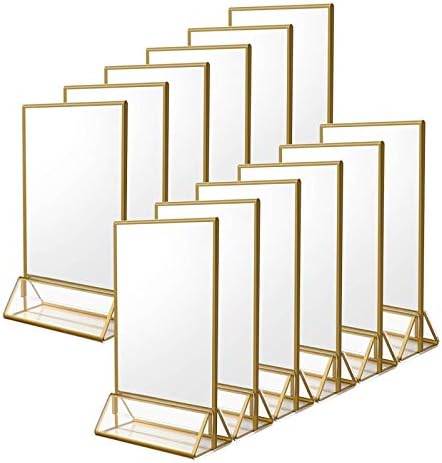 NIUBEE 12Pack 4 x 6 Clear Acrylic Wedding Table Number Holder Stands with Gold Borders, Double Sided Gold Picture Frames Sign Holder for Restaurant Table Menu Recipe Cards Photo Display