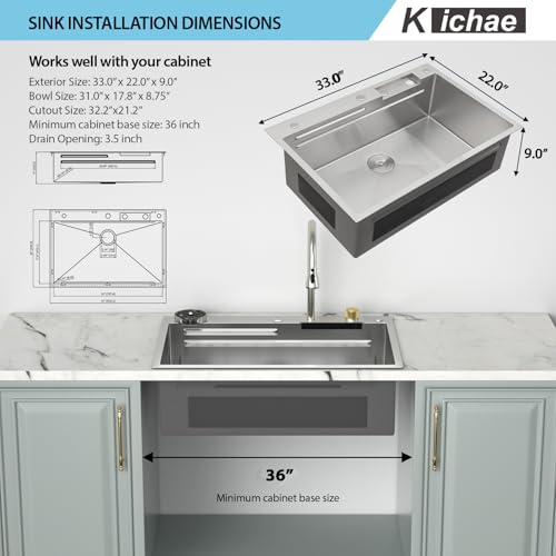Image of Kichae 33x22 Waterfall Kitchen Sink Drop In Stainless Steel 16 Gauge Smart