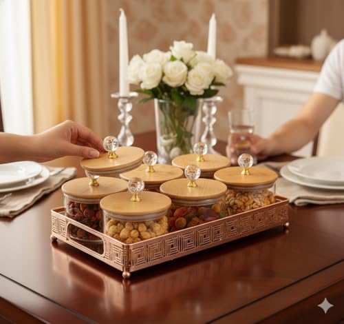 Image of Diwali Serving Dry Fruit, 6 pcs Glass Container Serving Tray Set | 600 ML Each Premium Design Air-Tight Lid Snack Organizer Tray Copper Stand Wooden Lid New Year Gifts