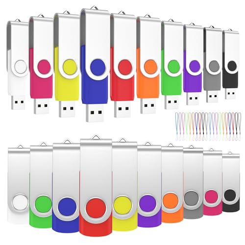 ABLAZE Flash Drives 16GB 20 Pack, USB 2.0 Thumb Drive Bulk with Lanyards Swivel Memory Stick U Disk 16GB Pendrive USB Pack (Mixcolors)