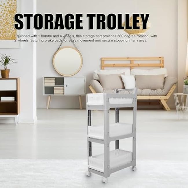 Wheel storage trolley, Multi Tier Rolling Organizer for Kitchen, Bathroom, Bedroom, White, Easy to Assemble. (3rd floor)-VCKND1UC