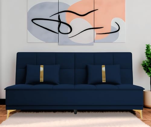 Image of Adorn India Premium New Alyssum 3 Seater Sofa Cum Bed 4X6 Velvet Suede with 2 Cushions (Color Blue) and Suitable for All Indoor, with 3 Years Warranty
