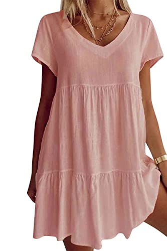 Image of Fangetey Women's V-Neck Tunic Dresses Short Sleeve Button Down Loose Casual Summer Short Flowy Swing Dress Pink Medium