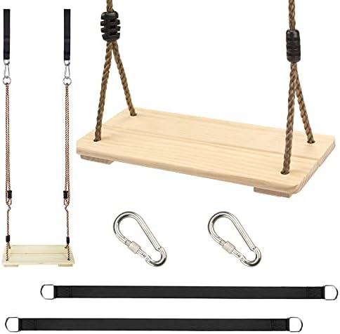 Wood Swing for Kid, KINSPORY Swing Set for Backyard, Adjustable Nylon Rope with Hanging Tree Hammock Straps Kit, Wooden Swing Seat for Indoor Outdoor Porch Patio Garden Playgroud Swing Set Accessories