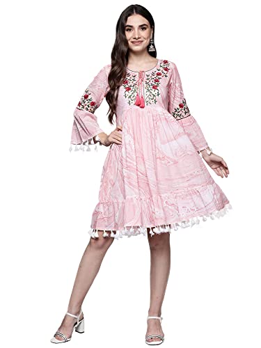 Image of INDO ERA Women Blue Embroidered Mid Thigh Length A-Line Ethnic Dress