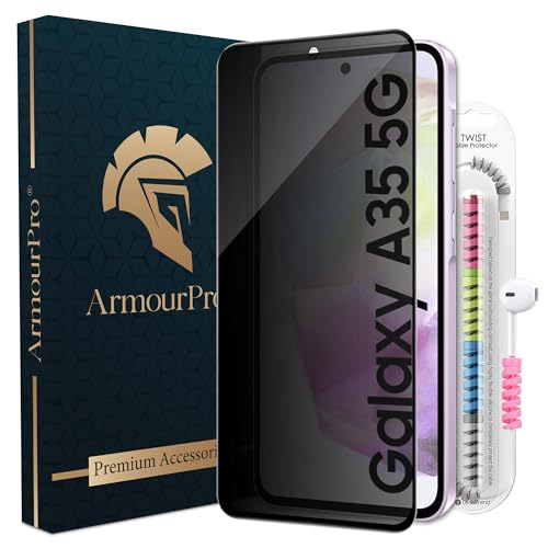 Image of ArmourPro Privacy Tempered Glass for Samsung Galaxy A35, Galaxy M35 and Samsung A55, Anti Spy Anti Peeping Screen Protector, Edge-to-Edge Full Coverage, 9H Hardness with Cable Protector | Black