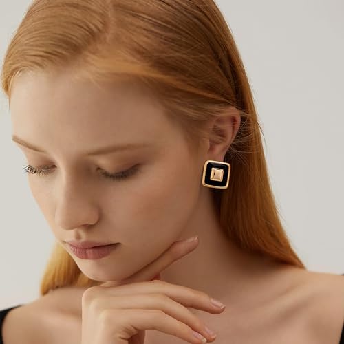 Chunky Gold Earrings Stud for Women Square Black Flower Stud Earrings Red Statement Earrings Dainty Large Retro Earrings Party Jewelry Gifts for Women3