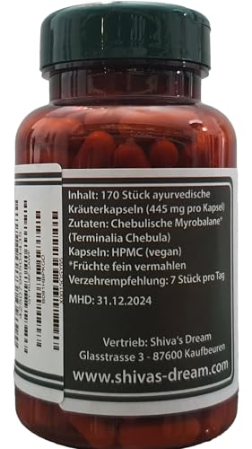 Haritaki Kapseln 170 Stück | VEGAN | HPMC | 100% rein | keine Füllstoffe | keine Zusatzstoffe | geprüfte Qualität aus Indien | Shiva's Dream | alle 3 Doshas im Gleichgewicht