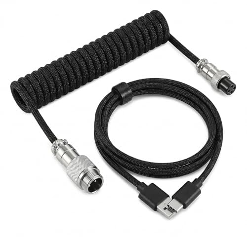 wilcractk Cable Espiral USB C para Teclado, Cable de Nailon Trenzado Desmontable con Conector Tipo Aviador, USB C a USB A, Compatible con PC, Portátil, Teclado Gaming (Negro)