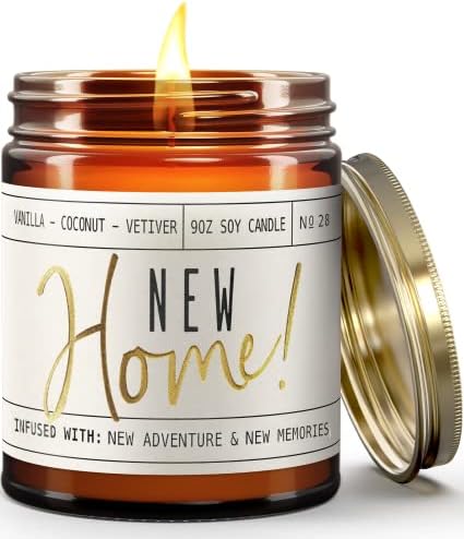 Housewarming Gift, House Warming Gifts New Home, Housewarming Gifts for New House - 'New Home' Soy Candle, w/Vanilla, Coconut & Vetiver I New Home Gifts for Home I 9oz Jar, 50Hr Burn, Made in USA