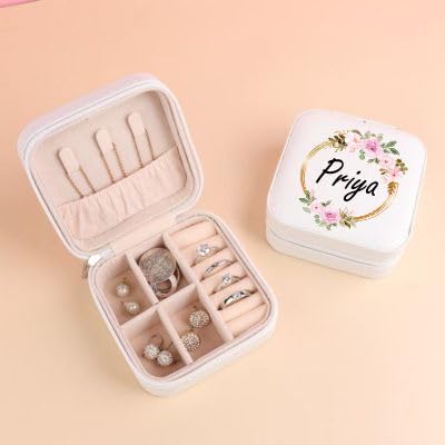 Precious Arts Customized Mini Jewellery Organiser Box | Double layered Compartment Jewellery Box | Organizer Box for Women Travel Ring, Pendant, Earring, Necklace Storage Case 4×4 INCH (Off-White)