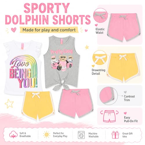 Image of Dreamstar Girls 4 Piece Outfit Set - Sleeveless Graphic Top with Dolphin Shorts, Cute Summer Matching Set for Kids and Tweens