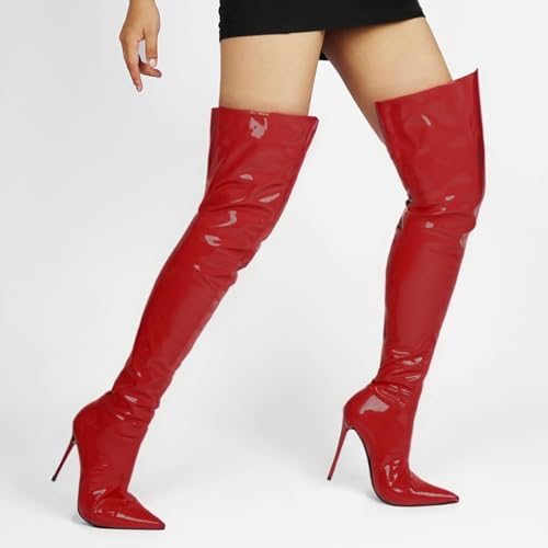 Image of Thigh high boots for women striped Back zipper Burgundy Zebra Print Over the knee Sexy gold white pointed toe Cow Print leopard Magenta stiletto heel