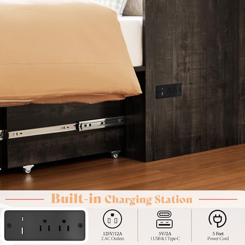 Image of AMERLIFE Twin Murphy Bed Cabinet with Charging Station and Storage Drawer, Farmhouse Foldable Platform Bed for Home Office, Apartment, Small Spaces, Black Oak