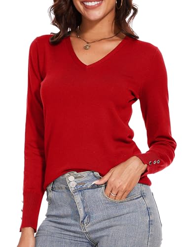 Image of Spicy Sandia Women's V Neck Pullover Sweaters with Dressy Cuffs | Long Sleeve Business Casual Knit Tops
