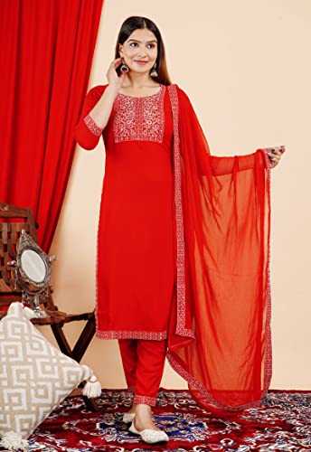 Indian Women's Tunic Tops Straight Rayon Red Kurtis Pant Sets W Nazmeen Dupatta/A-Line Kurti Tunics2