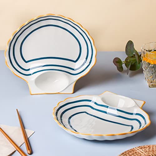 Image of Nestasia Set of 2 Ceramic Shell-Shaped Snack Plate with Dip Section for Chutney | Microwave & Dishwasher Safe Starter Plates | Perfect for Fries, Momos, Sushi, Kebab (White & Blue)