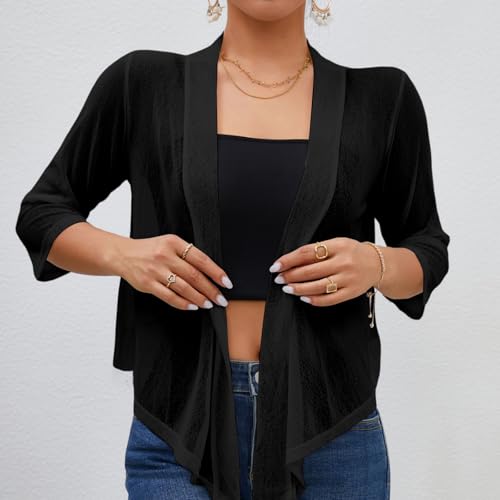 Womens White Black Shrug Sheer 3/4 Sleeve Summer Tie Front Cardigan3
