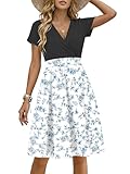 WNEEDU Sommerkleider Damen Kurzarm V Ausschnitt Empire Taille Elegante Kleid Damen Sommer Hochzeitsgast mit Taschen