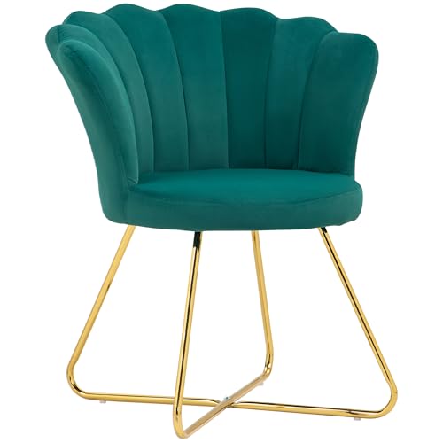 HOMCOM Sillón Coquillage Silla Tocador Sillón de Terciopelo con Patas de Acero para Salón y Dormitorio, 69 x 64 x 80 cm, Verde Oscuro
