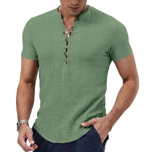 Men's Casual Linen Solid Color T-Shirt Summer Breathable Loose Top Men Classic Button Short Sleeve Shirt Light Green