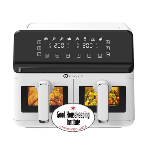 PureMate 9L Dual Air Fryer with Digital Display - Healthy Oil-Free 2500W Fryer with 8 Presets, LED Touch Screen, Timer & Adjustable Temperature Control (9L Dual Basket)