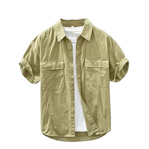 Chemise manches courtes homme été coton décontracté ample couleur unie style rétro double poches