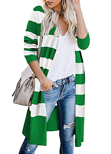 KIRUNDO Women’s Open Front Long Cardigan Strip Color Block Long Sleeves Lightweight Knit Fall Outwear Sweater Coats (Medium, Green)