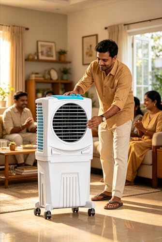 Image of 40L Personal Room Air Cooler with 3-Side Honeycomb Cooling Pads, Powerful Fan, CFD Technology & Inverter Compatibility for Energy Saving, Portable Air Cooler for Home and Office (White & Blue)