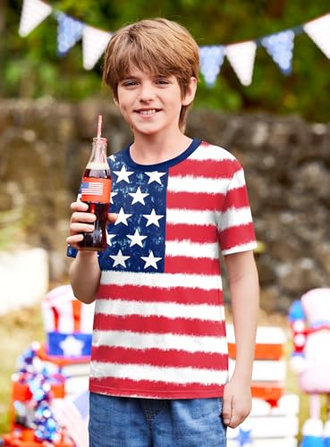 Image of BesserBay Unisex Kids 4th of July American Flag Tee Tie Dye Patriotic Short Sleeve Shirt 6-14 Years