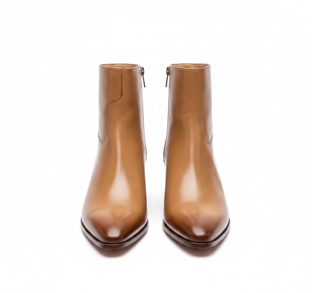 Men’s Tan Cuban Heel Ankle Boots | Premium Leather Side Zip Western Boots for Men | Pointed Toe Fashion Chelsea Style Dress Boots-image-37