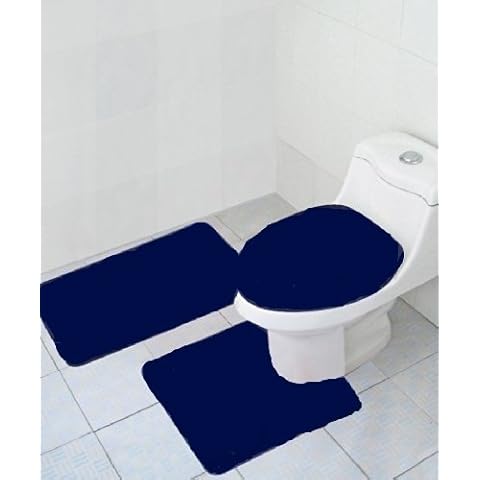 Empire Furniture USA 3-Piece Quinn Solid Bathroom Accessory Set Bath Mat Contour Rug Toilet Lid Cover - Navy Cover